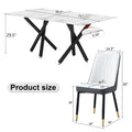 1 Table And 8 Chairs. A Rectangular Dining Table With A White Imitation Marble Tabletop And Black Metal Legs. Paired With 8 Chairs, Equipped With Pu Leather Seat Cushions And Black Metal Legs. F 1538 Black Glass Metal