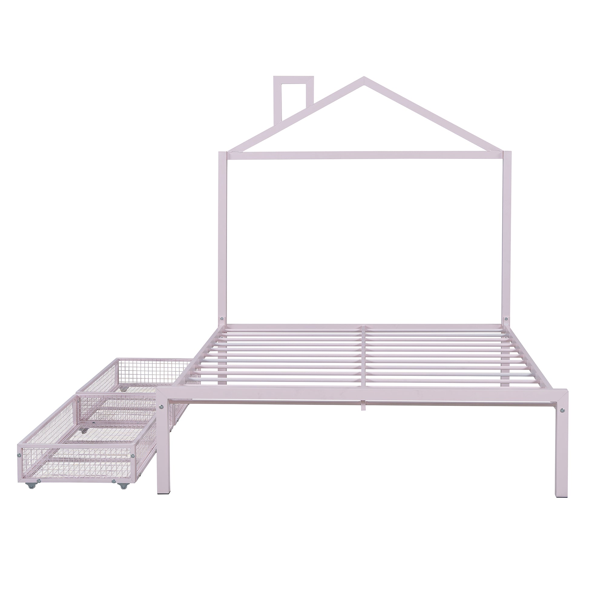 Full Size Metal Platform Bed With Two Drawers,House Shaped Headboard Design, Pink Full Pink Metal