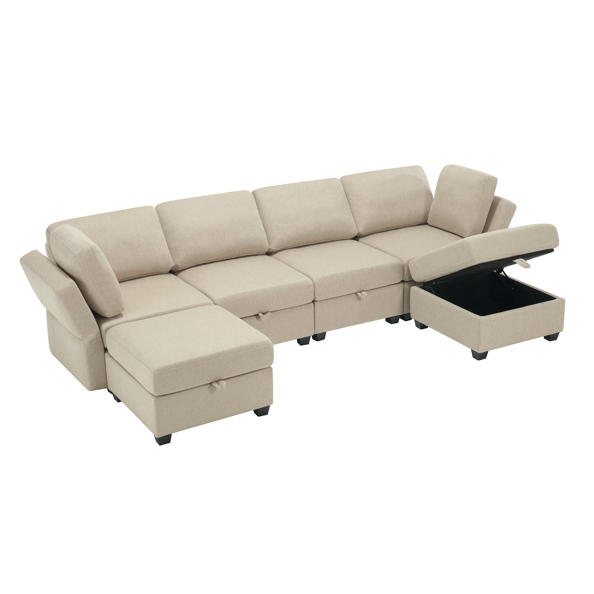 Adjustable Arms And Backs Modern U Shape Linen Couch Modular Sectional Sofa Couch With Storage Seat, Large Convertible Sofa With Reversible Chaise For Living Room Apartment Office, Beige Beige Polyester 4 Seat
