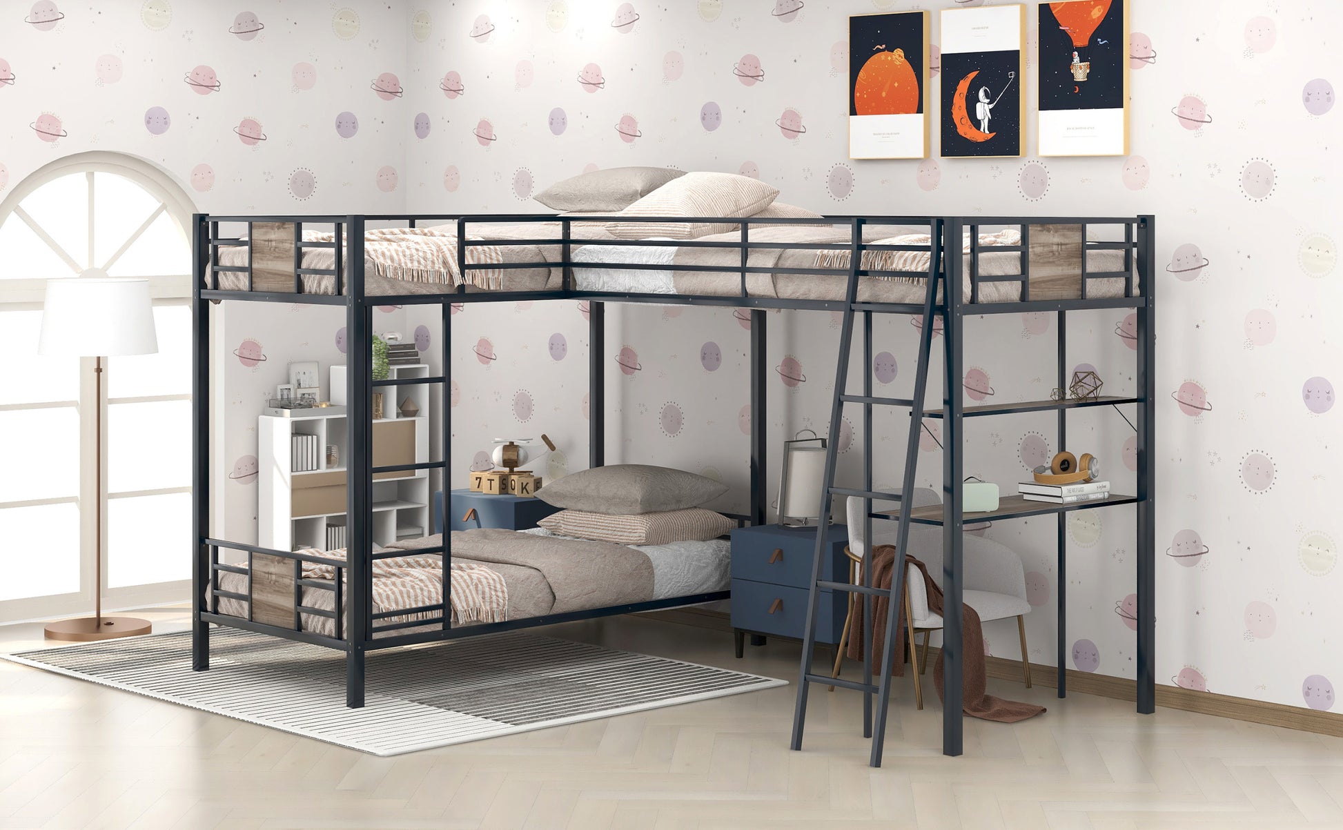 L Shaped Twin Over Twin Bunk Bed With Twin Size Loft Bed With Desk And Shelf ,Brown Brown Steel