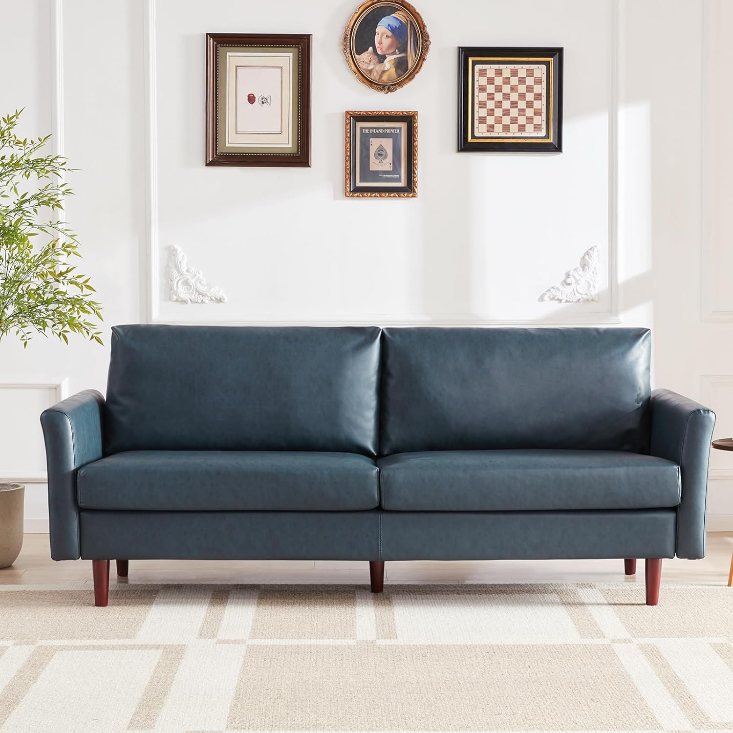 80'' Faux Leather Sofa, 3 Seater Leather Couch With Cozy Wide Seats And Padded Cushions, Mid Century Modern Loveseat Couches For Living Room, Easy Assembly, Blue Light Brown Wood Primary Living Space Heavy Duty Acacia 3 Seat Peacock Blue Faux Leather