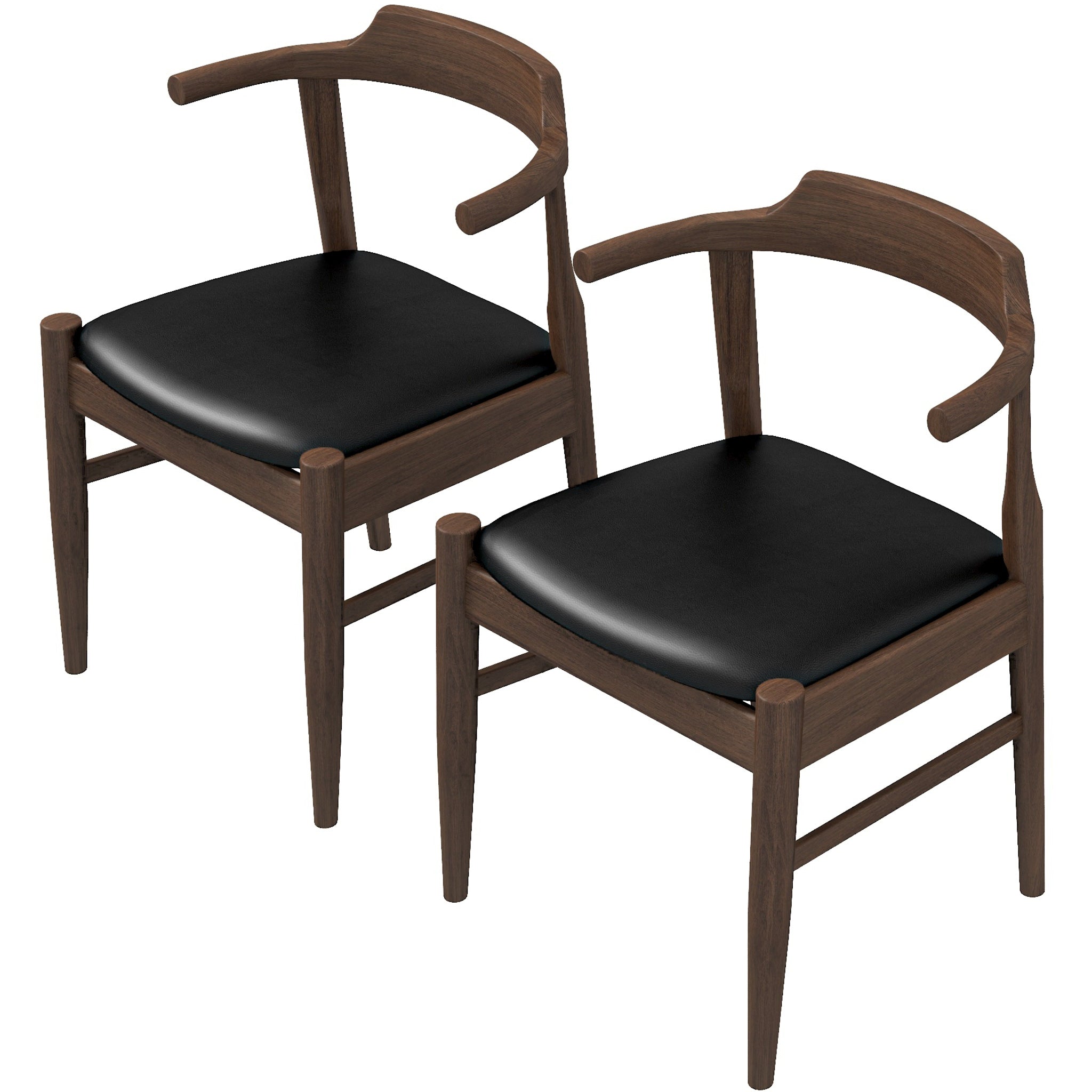 Leon Mid Century Modern Leather Dining Chair Set Of 2 Black,Wood Brown Dining Room Genuine Leather,Solid Wood