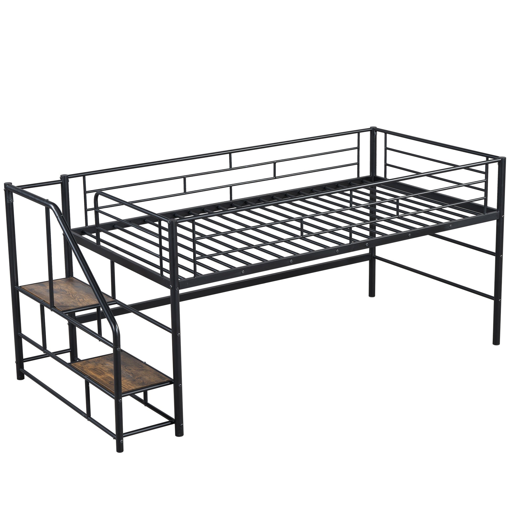 Mid Loft Bed With Storage Stairs, Twin, Black Twin Black Mdf Metal