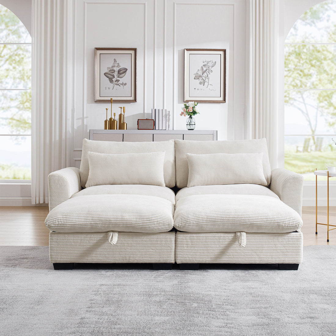 Corduroy Two Seater Sofa With 2 Storage Footrest, 2 Seater Sectional Deep Seat Sofa,Comfy Couches For Living Room ,Beige Sofa Beige Corduroy 2 Seat