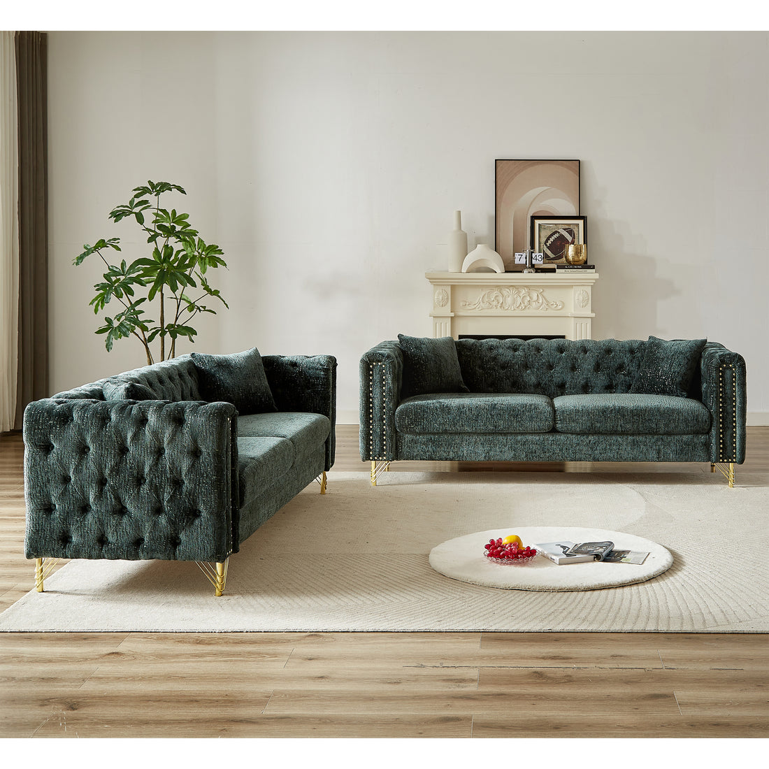 Chenille Pull Buckle Design Sofa For Living Room,Buttons Tufted With Copper Nail Decoration Armrest, Modern Couch Upholstered Button And Metal Legs Green Foam Chenille 6 Seat