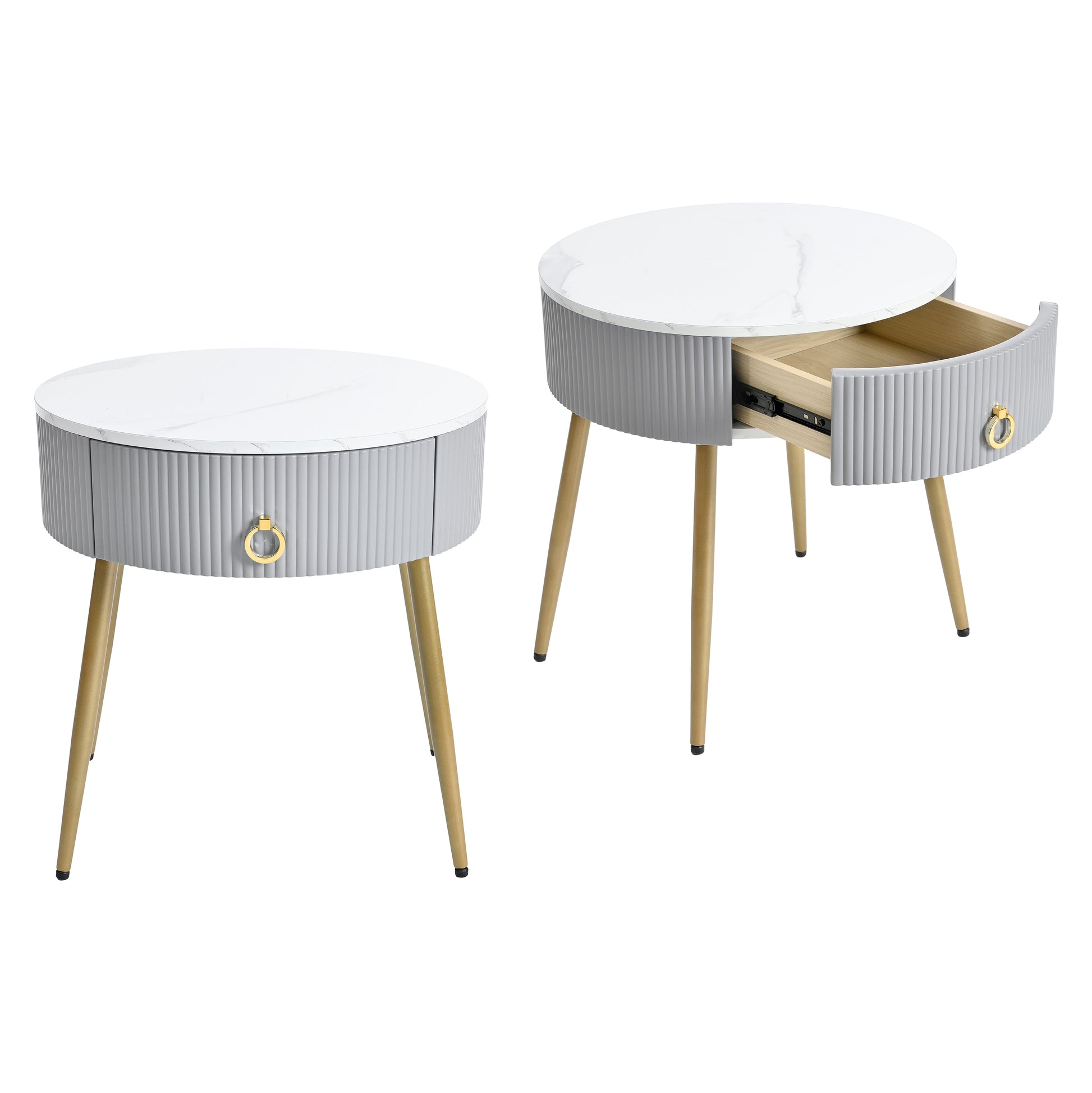 19.6'' Easy Assembly End Tables With High Gloss Faux Marble Tabletops, Set Of 2, Modern Fluted 2 Side Tables With Drawers, Round Coffee Tables With Golden Legs For Living Room, Grey Grey Gold Primary Living Space Drawers Round Mdf Iron