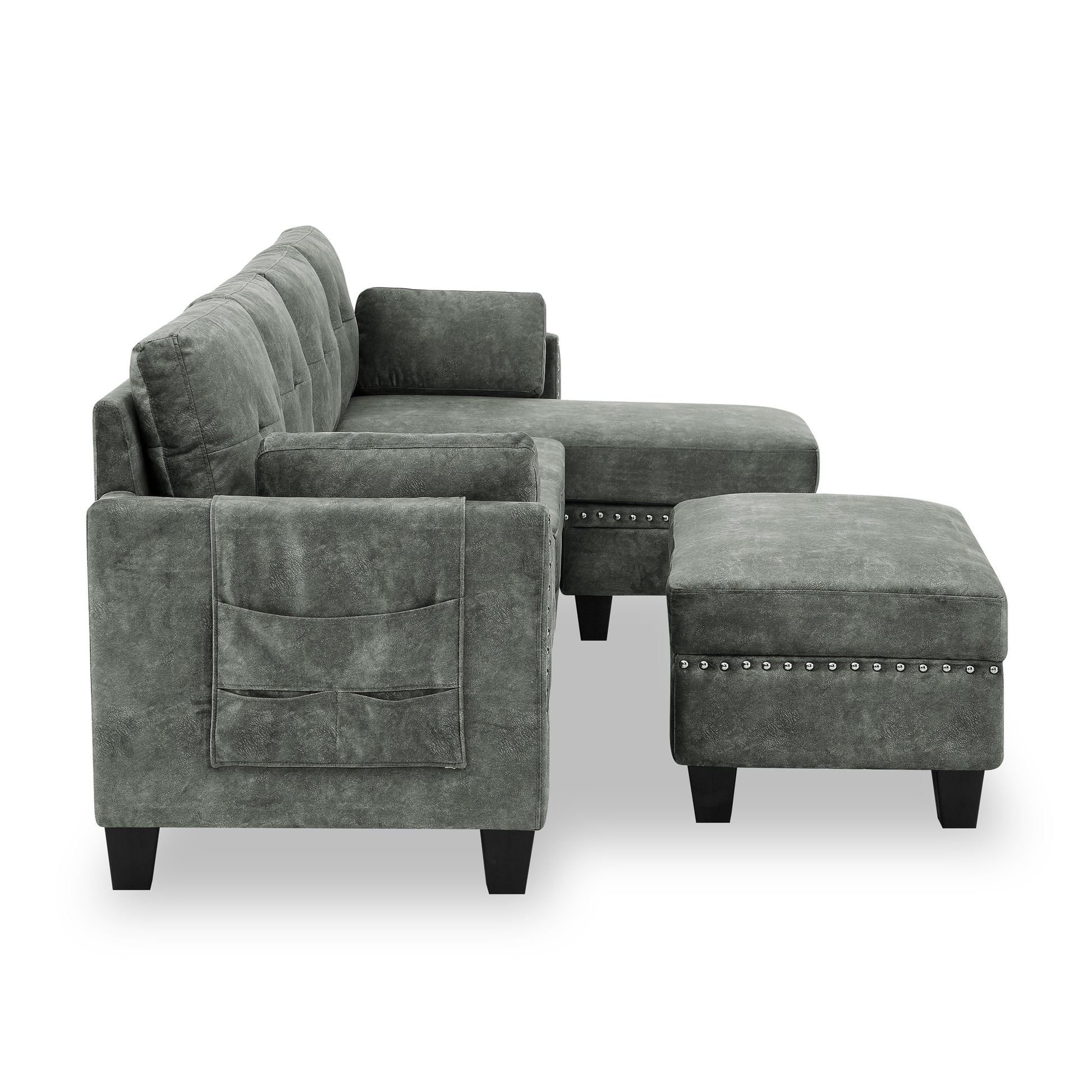 Sectional 3 Seaters Sofa ,Double Sided Multi Functional Footstool, Storage Matnon Slip Leg, Two Pillows, Velvet, Light Grey Light Grey Velvet 3 Seat