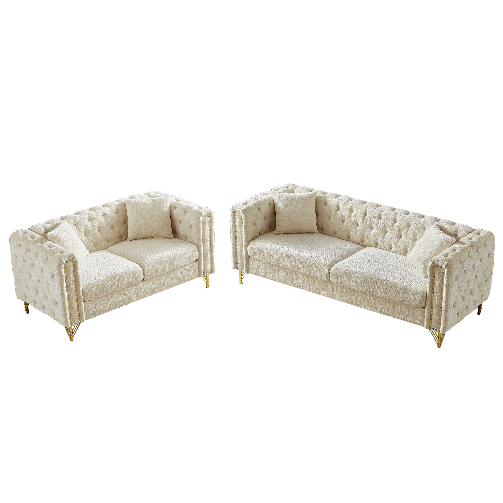 Chenille Pull Buckle Design Sofa For Living Room,Buttons Tufted With Copper Nail Decoration Armrest, Modern Couch Upholstered Button And Metal Legs Beige Foam Chenille 5 Seat