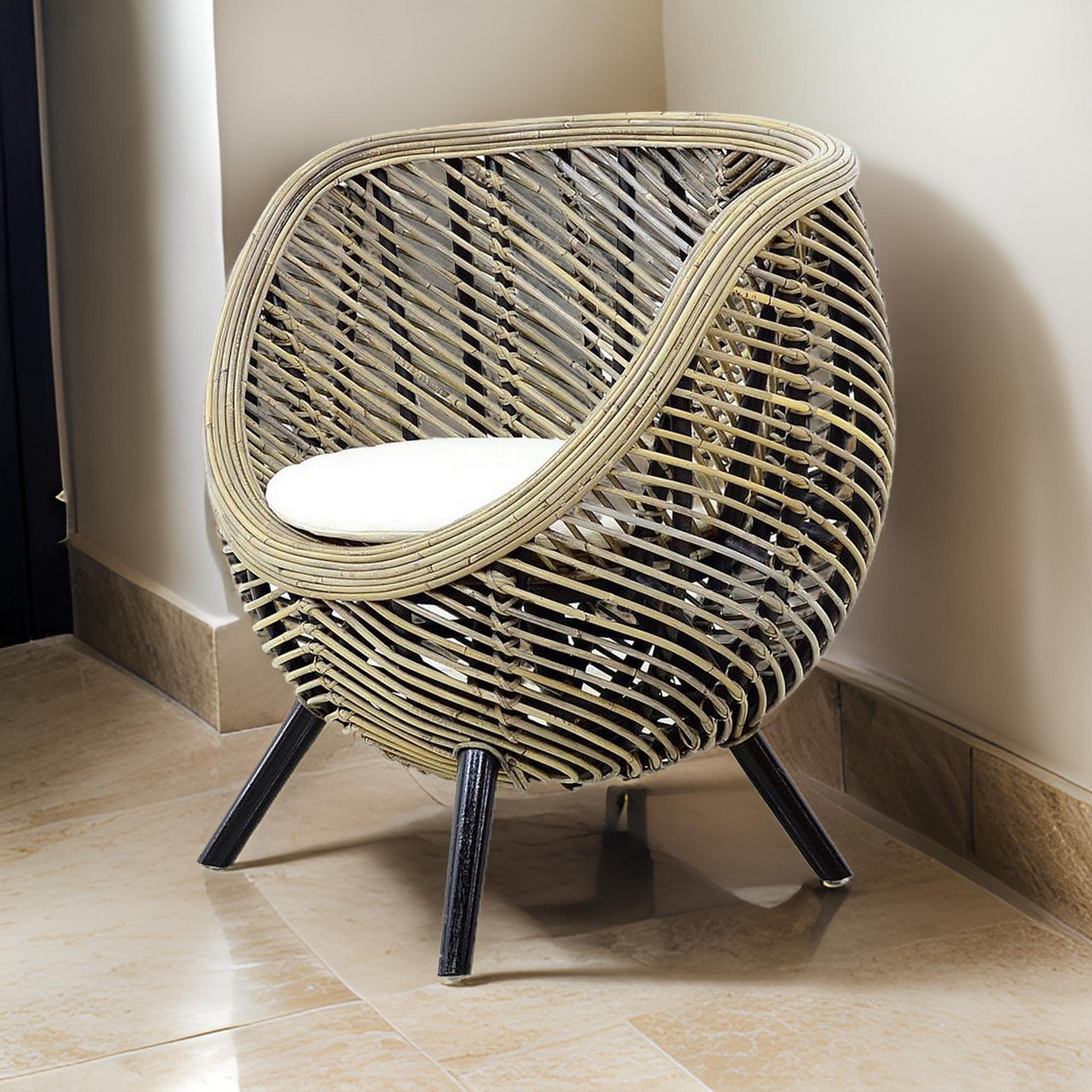 27 Inch Accent Chair, Rattan Frame, Curved Round Silhouette, Brown, Black Brown Black Wood