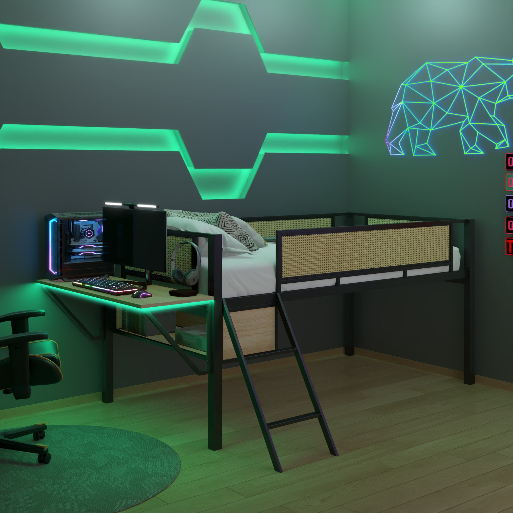 Single Metal Loft Bed With Rectangular Desk, Led Lights, Led Loft Bed Frame Double Bed With Storage Shelves And Hanging Storage Compartments, Safety Guard And Ladder, No Box Springs Required, Rattan G Twin Black Natural Mdf Iron