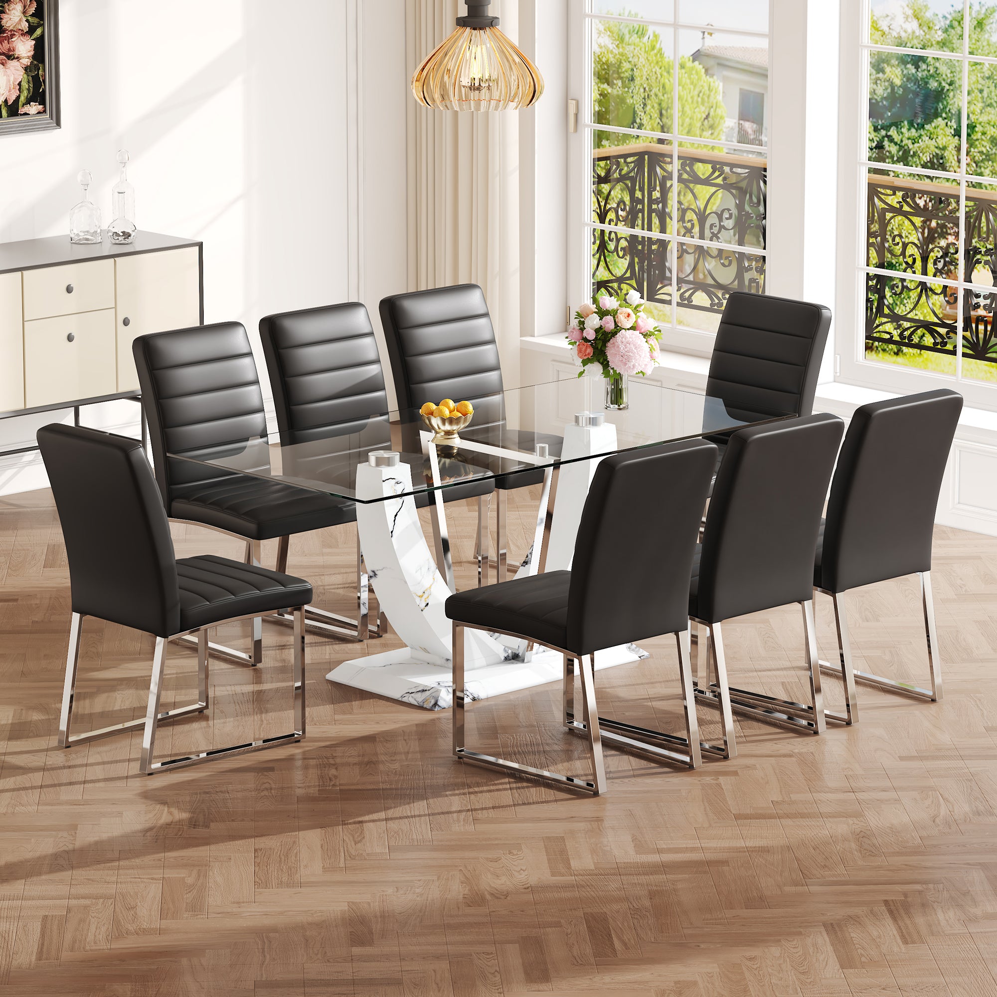 Table And Chair Set, Large Modern Rectangular Glass Table, Can Accommodate 6 8 People, Equipped With A 0.39 Inch Tempered Glass Tabletop And Mdf Table Legs.Paired With Comfortable And Soft Chairs. Black Mdf Glass