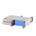 Modern White Coffee Table With 2 Glass Door Storage, 4 Drawers, Gold Metal Legs, And Multi Color Lighting In 47.2'' White Drawers Mdf