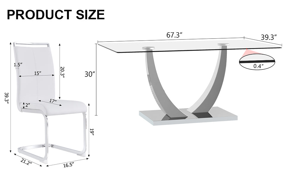 Table And Chair Set. Large Modern Rectangular Table With Glass Top And Silver Metal Legs. Furnished With Soft And Comfortable Pu Chairs With Faux Leather Upholstered Seats And Silver Metal Legs. White Silver Seats 6 Glass Metal