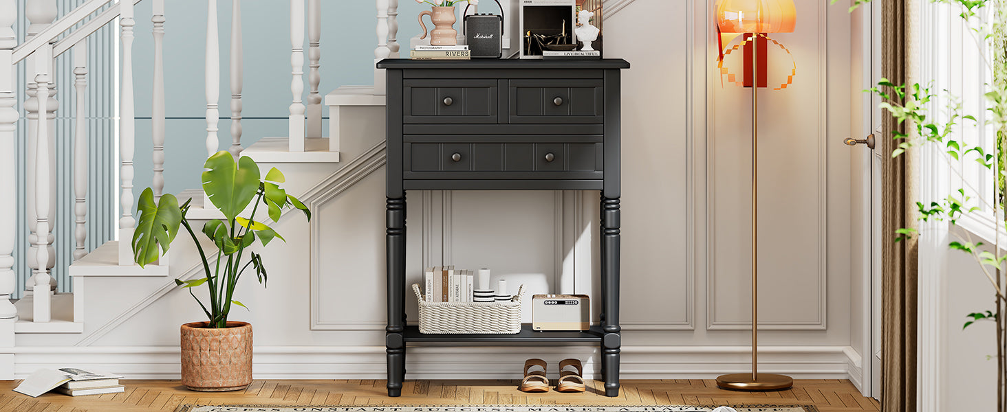 Narrow Console Table, Slim Sofa Table With Three Storage Drawers And Bottom Shelf Black Black Solid Wood Mdf