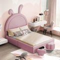 Full Size Upholstered Rabbit Shape Bed With 2 Storage Stools, Velvet Platform Bed With Cartoon Ears Shaped Headboard, Pink Full Pink Wood