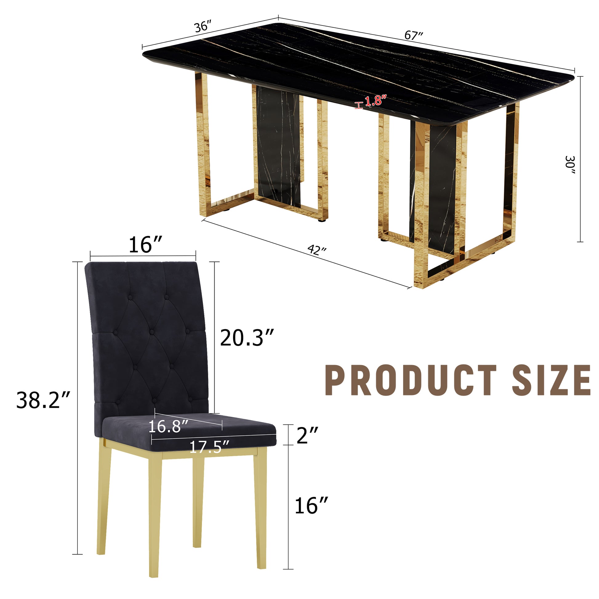 Table And Chair Set.Morden Luxurious Black Rectangular Patterned Dining Table With Glass Tabletop.Paried With 8 Dining Chairs, Modern Kitchen Upholstered High Backrest, Metal Leg. Black Gold Seats 8 Mdf Glass