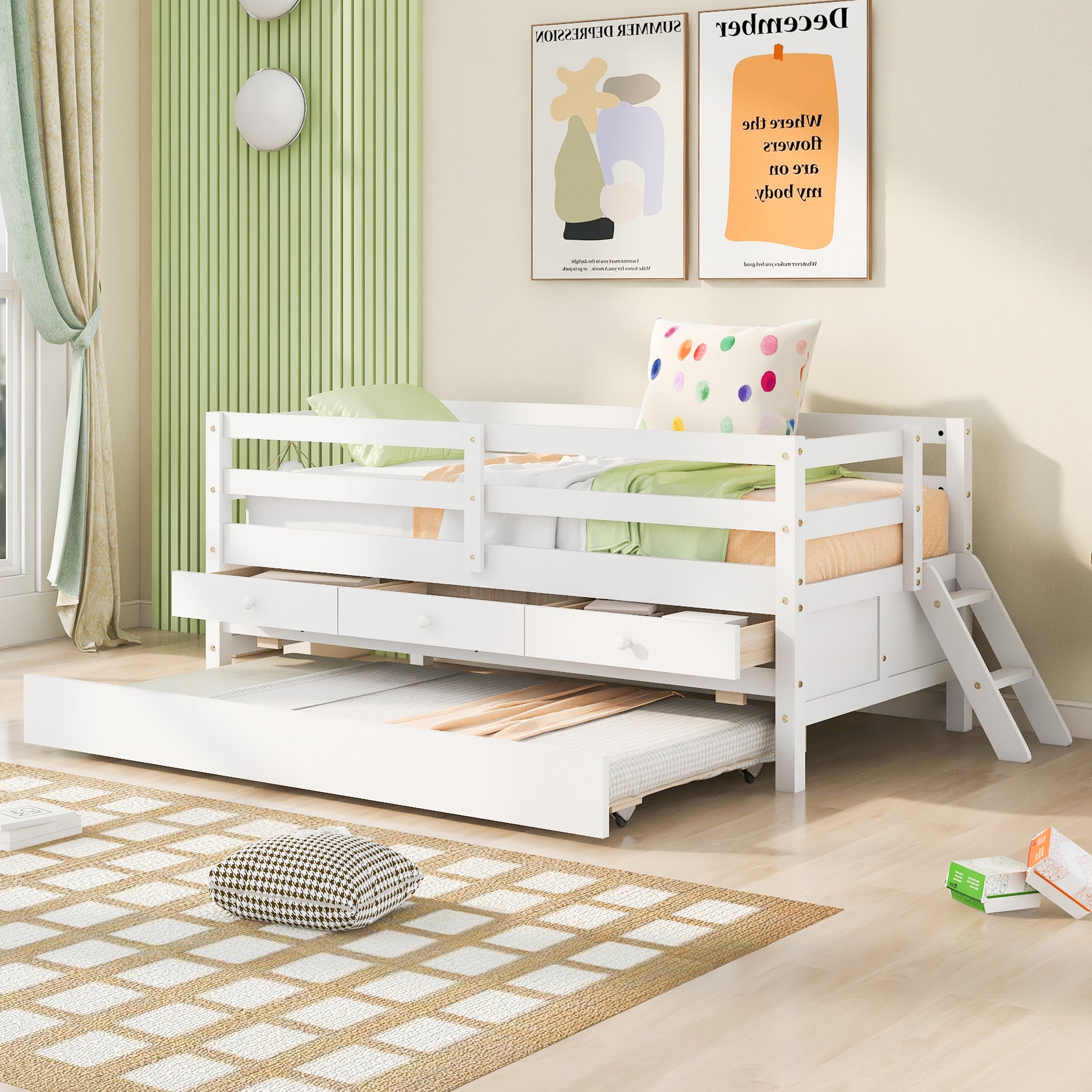 Low Loft Bed Twin Size With Full Safety Fence, Climbing Ladder, Storage Drawers And Trundle White Solid Wood Bed White Solid Wood