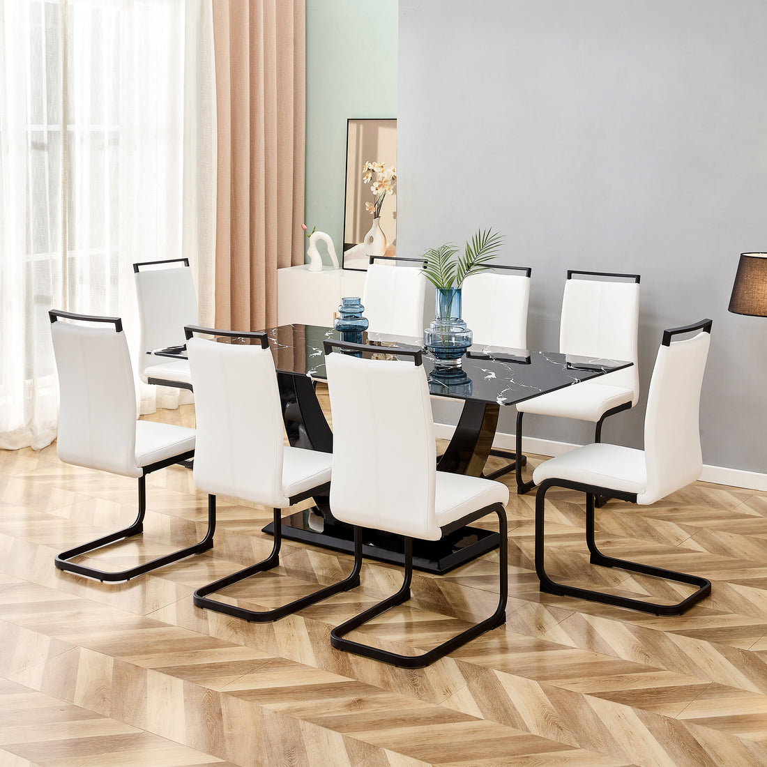 Table And Chair Set, Modern Dining Table, Patterned Table Top And Black Mdf Table Legs, Soft And Comfortable Dining Chair, Perfect For Dinner, Meetings, Home And Office Decor White Black Mdf Glass