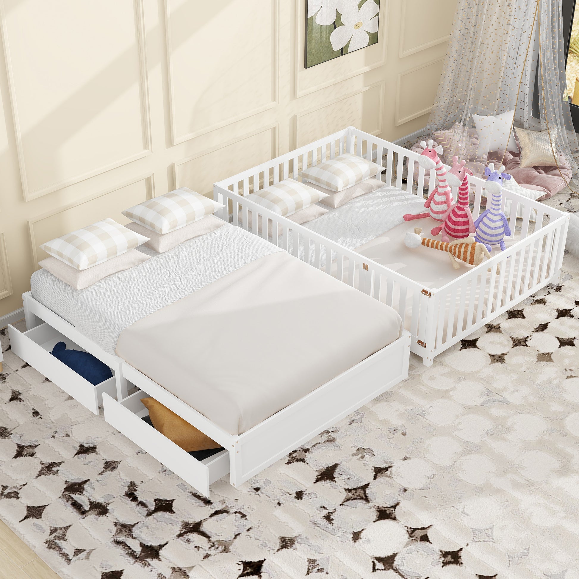 Full Size Wood Daybed With Fence Guardrails And 2 Drawers, Split Into Independent Floor Bed & Daybed, White Old Sku :Lp000882Aak Full White Solid Wood Mdf