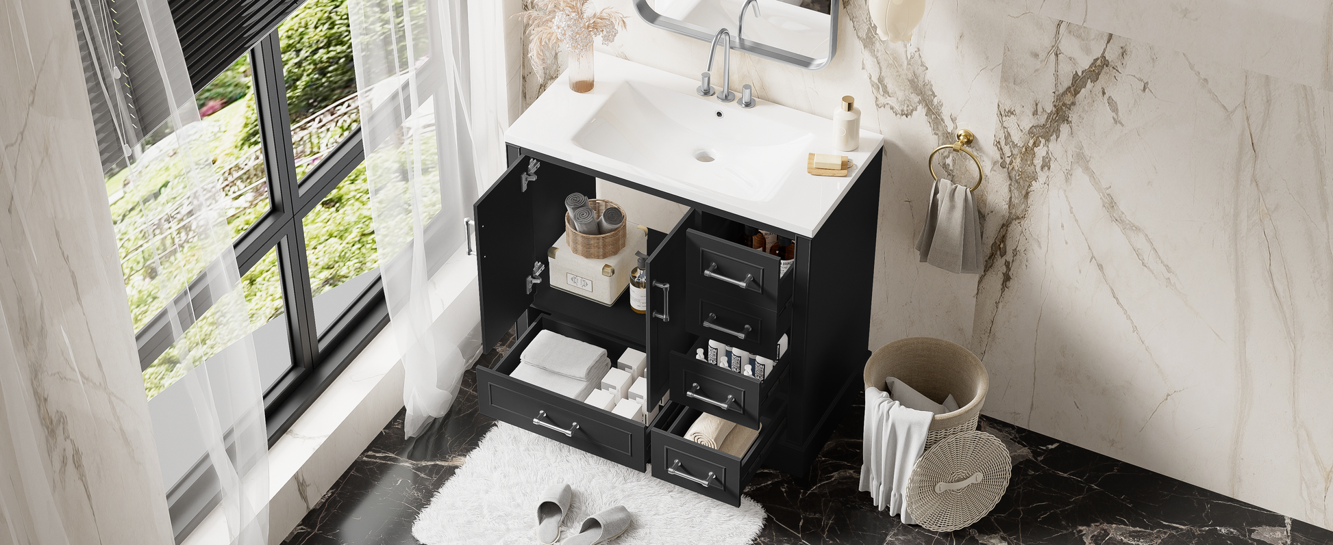 36 Inch Traditional Bathroom Vanity With Resin Sink Combo Set, Black Bathroom Cabinet With Two Doors And Four Drawers Black Bathroom Solid Wood Mdf Resin