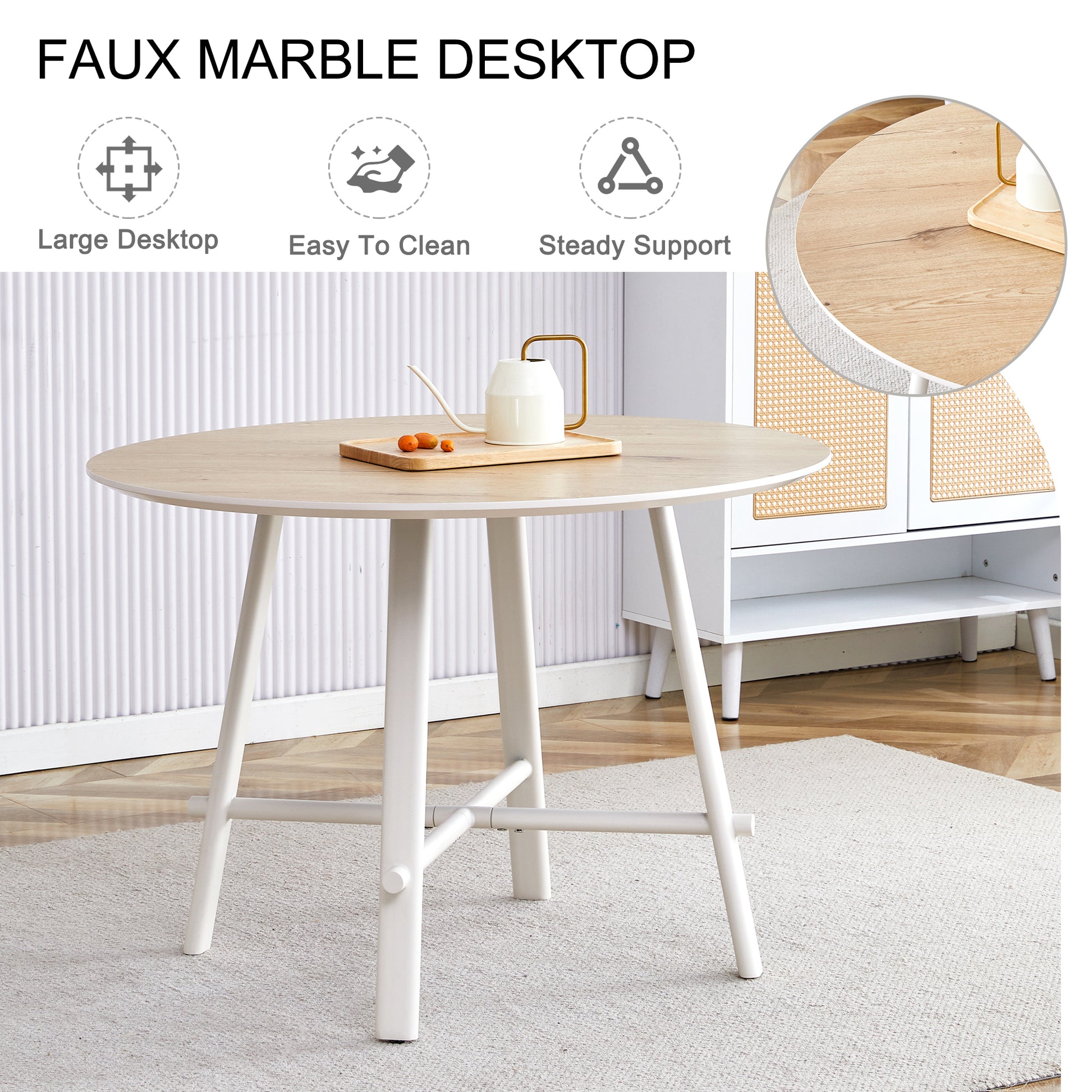 Table And Chair Set, Mdf Desktop, White Metal Table Legs, Stable And Beautiful, Suitable For Most Styles Of Home. Modern Simple Dining Table, Comfortable Seating. White Seats 4 Mdf