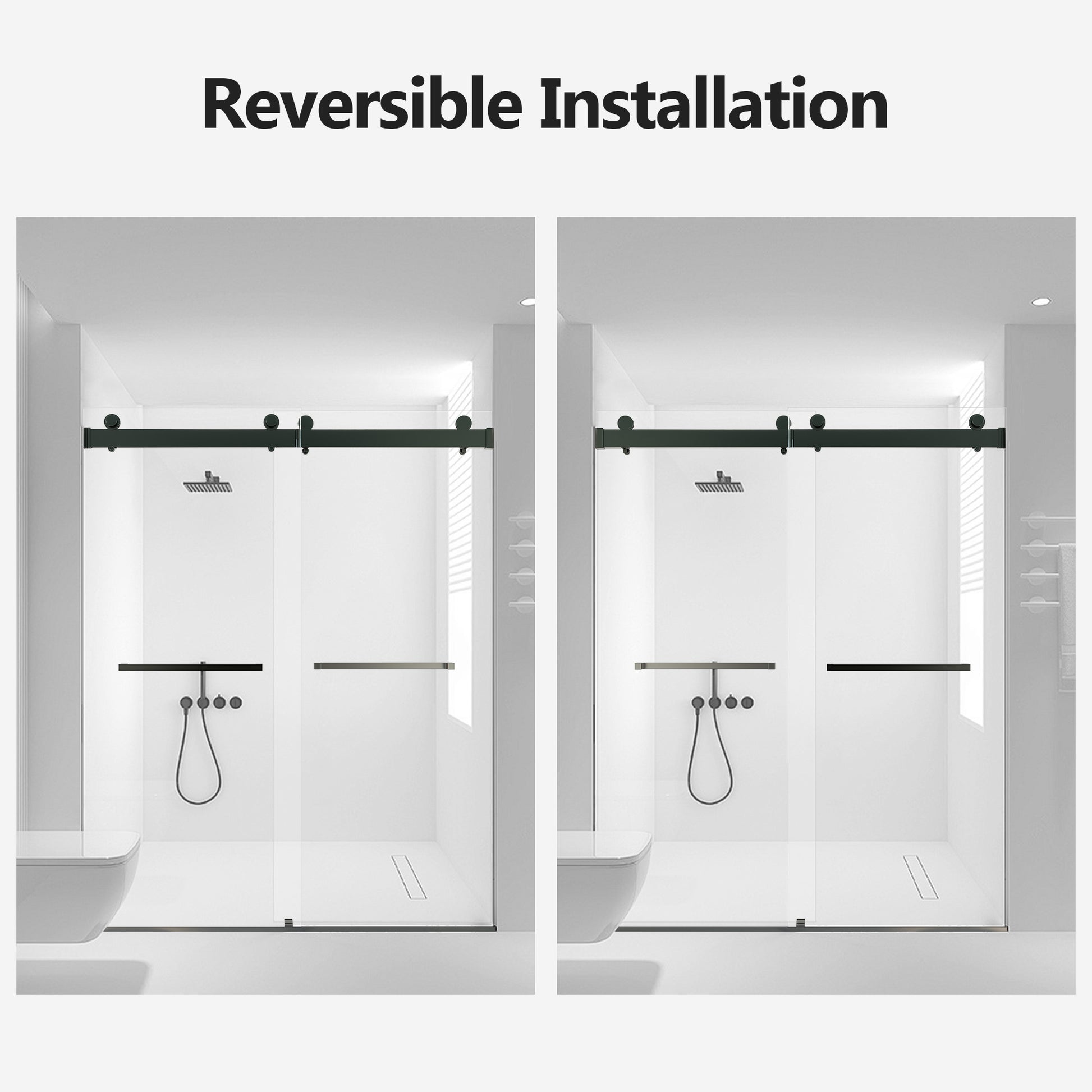 56 60 Inches W *76 Inches H Frameless Double Sliding Soft Close Shower Door In Matte Black,3 8 Inches 10Mm Thick Sgcc Tempered Glass Door Black Glass Metal