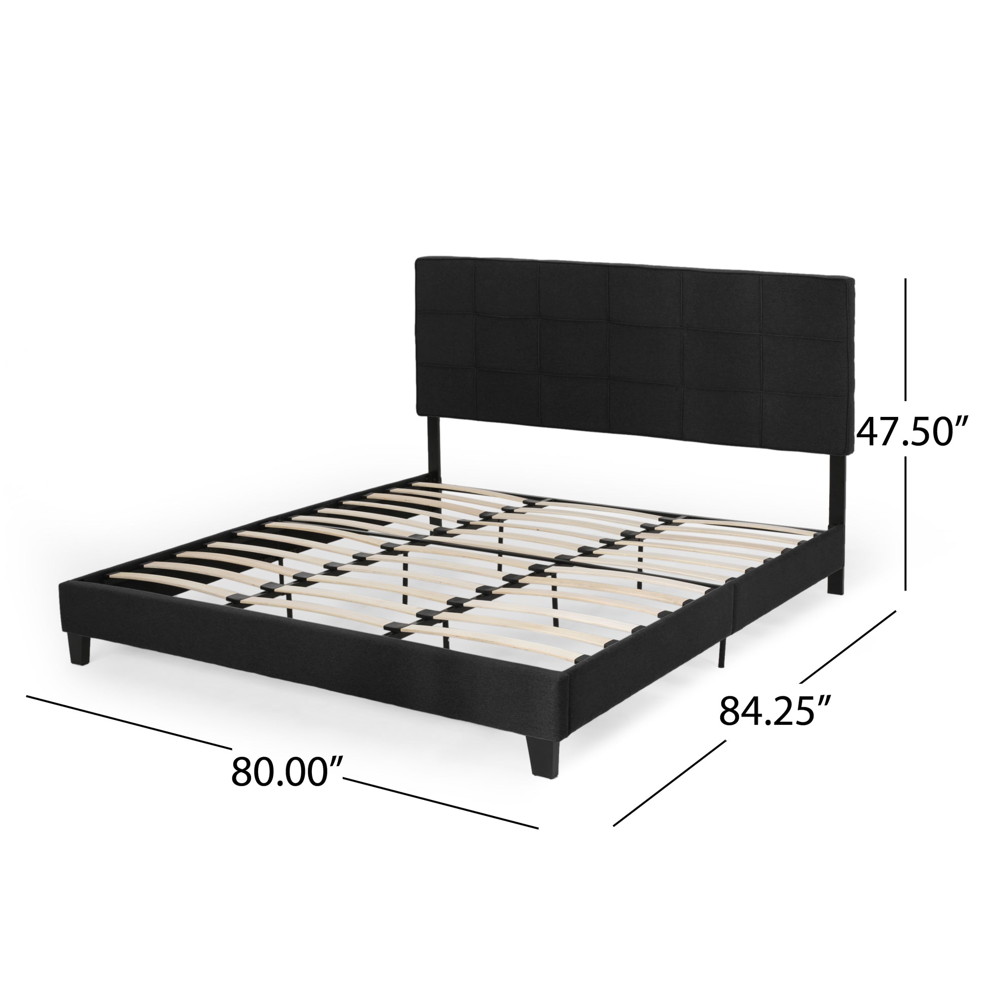 King Size Upholstered Platform Bed Frame With Contemporary Tufted Waffle Stitching, Easy Assembly, Black King Black Fabric