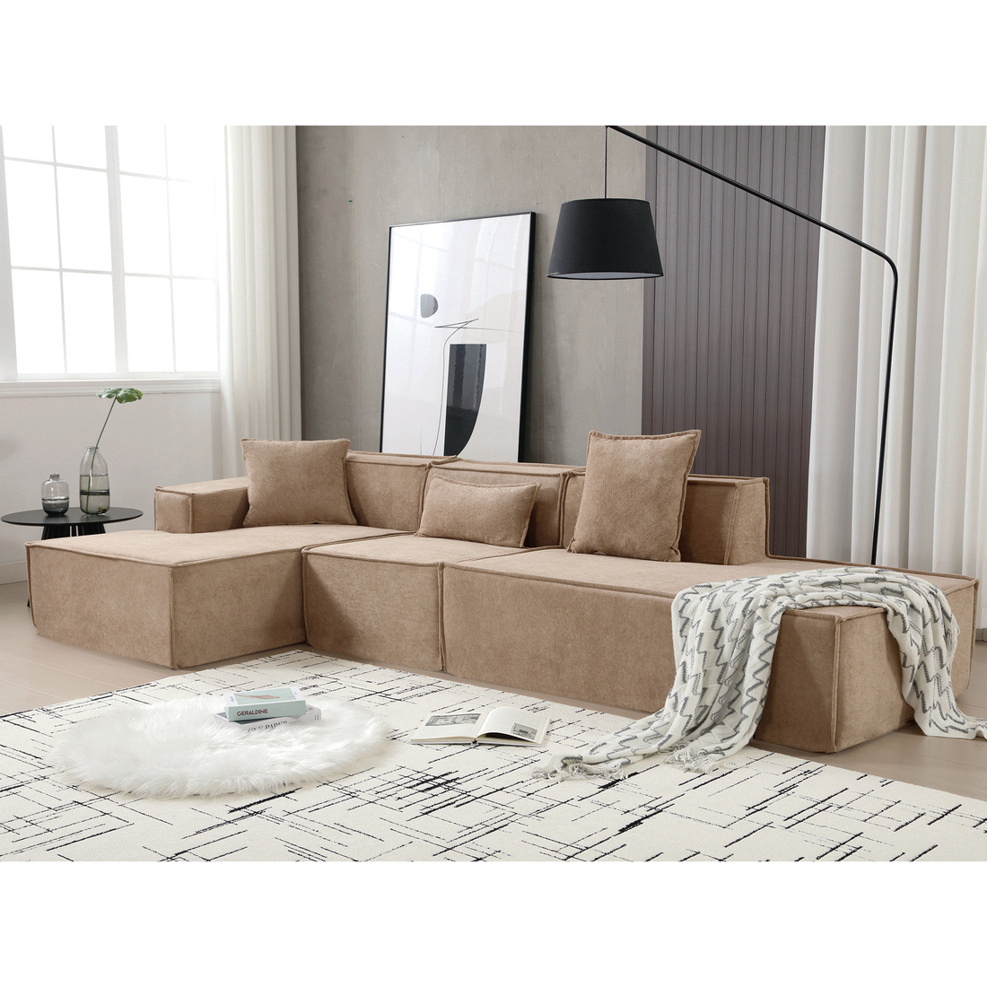 Modular Combination Living Room Sofa Set, Modern Minimalist Sofa, Free Installation Sofa, L Shaped, Italian Minimalist Tofu Block Sofa, Left Hand Facing,Terrycloth Fabric, Light Brown Light Brown Polyester Primary Living Space Soft Modern Polyester 3