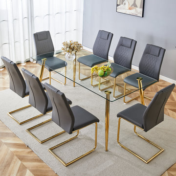 Table And Chair Set.Modern Rectangular Glass Dining Table With A Tempered Glass Tabletop And Metal Legs, Paired With Multiple Chairs Designed With Pu Cushions And Golden Metal Legs. Grey Gold Seats 8 Tempered Glass
