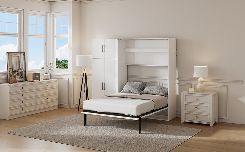 Full Size Murphy Bed With Lockers And Wardrobes, White Box Spring Not Required Full White Murphy Solid Wood Mdf