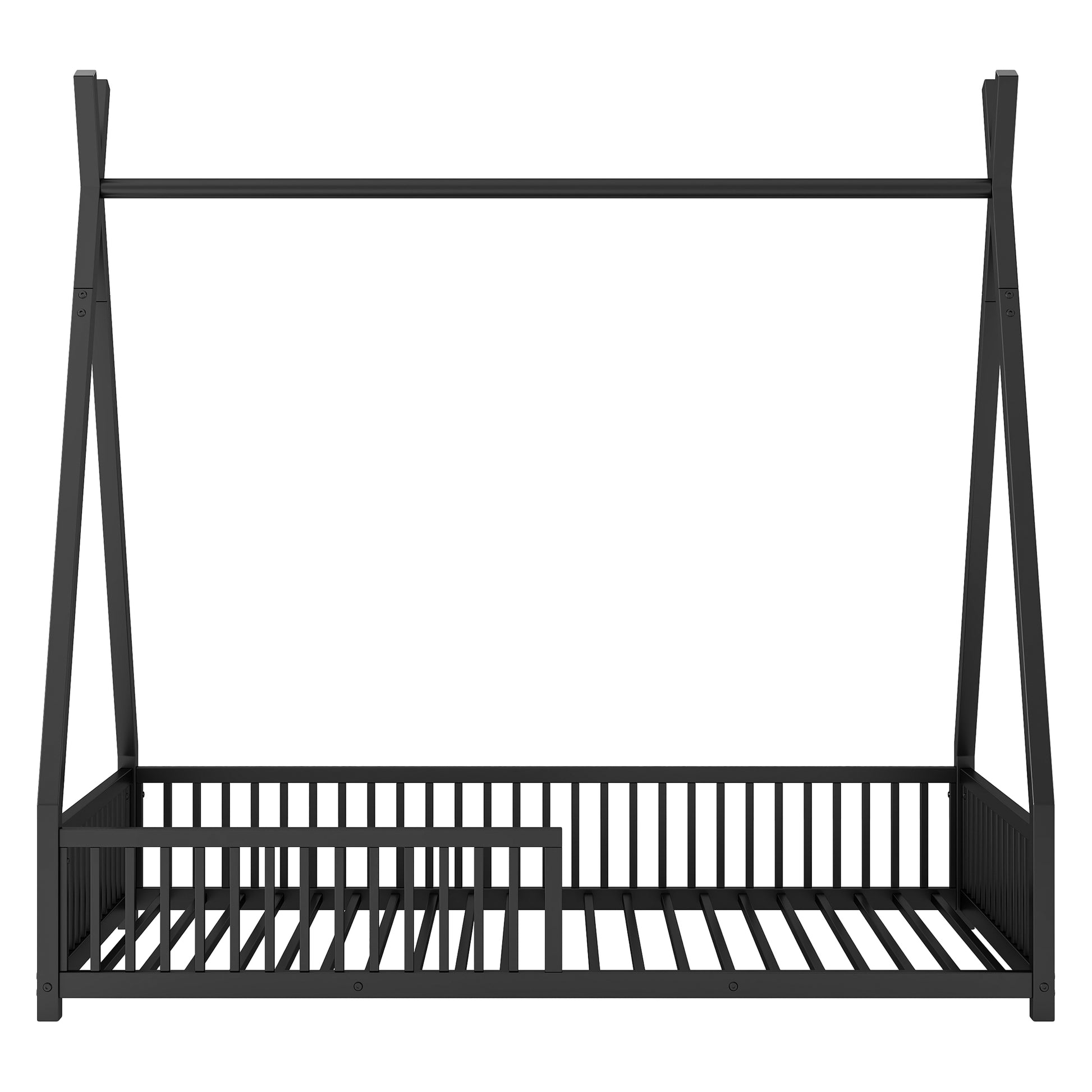 Metal Twin Size House Platform Bed With Triangle Structure And Guardrail, Black Box Spring Not Required Twin Black Metal Metal