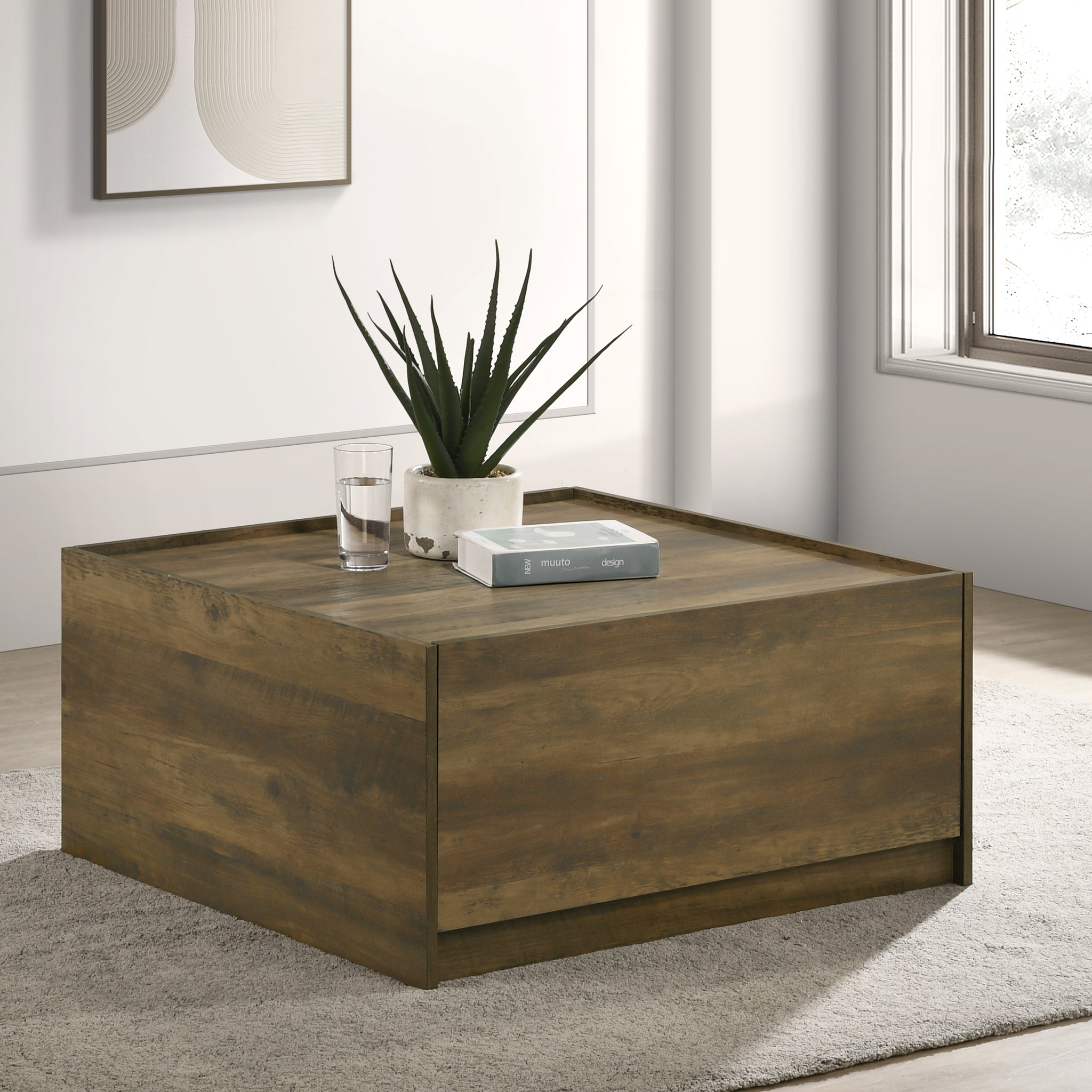 Travon 31.5"W Oak Finish Square Coffee Table With 2 Drawers Oak Engineered Wood