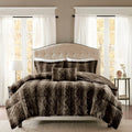 4Pc Faux Fur Comforter Set Queen Dark Brown Polyester