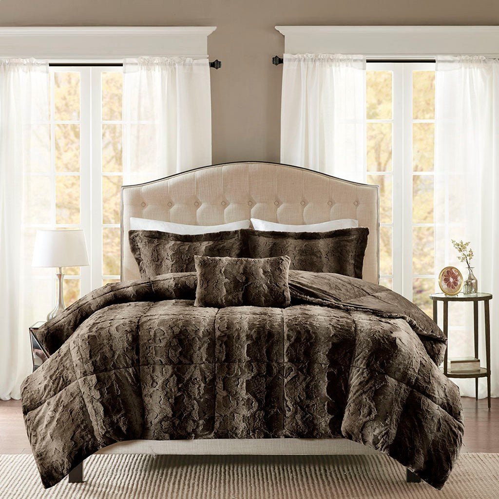 4Pc Faux Fur Comforter Set Queen Dark Brown Polyester