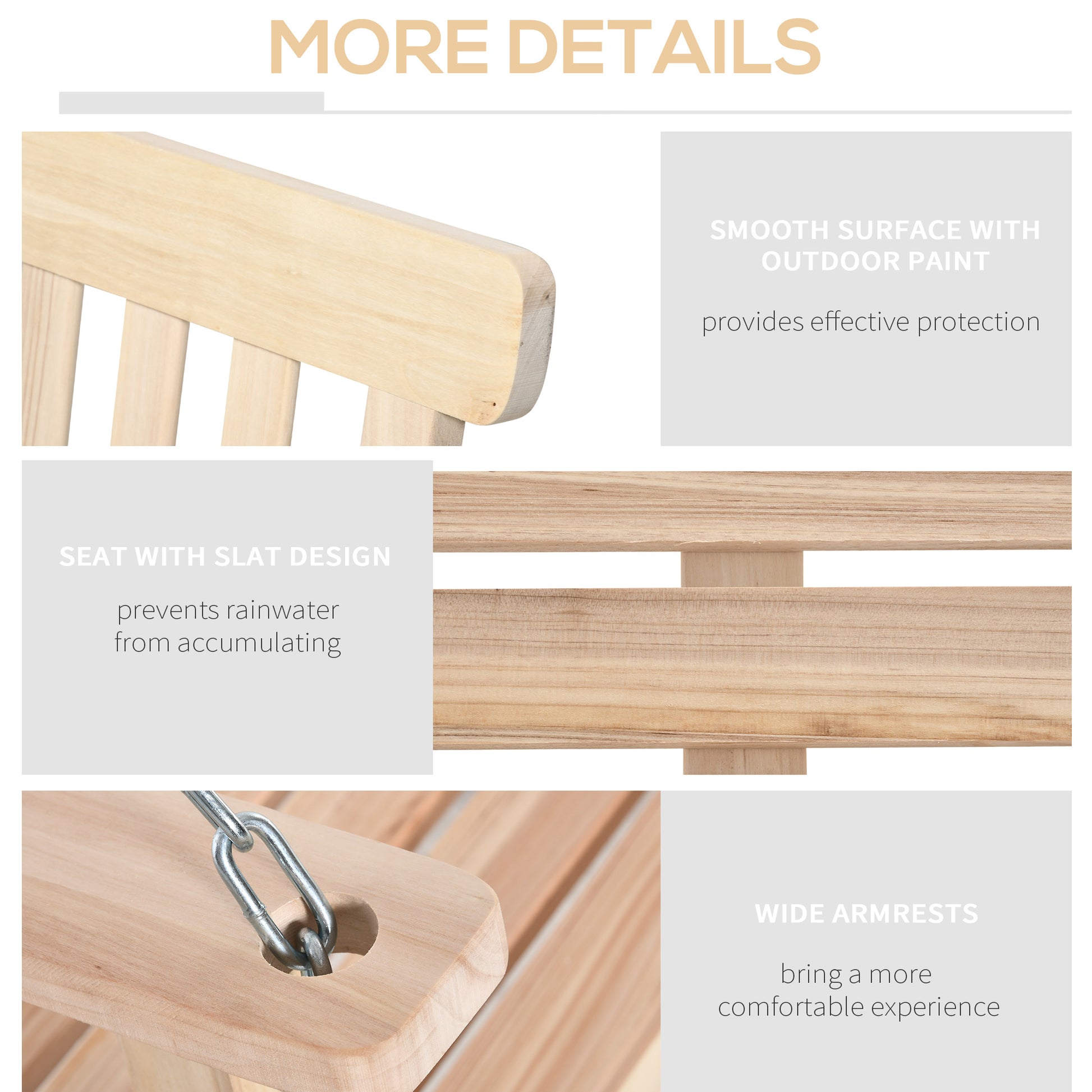 Outsunny 2 Seater Hanging Porch Swing Outdoor Patio Swing Chair Seat With Slatted Build And Chains, 440Lbs Weight Capacity, Natural Natural Wood