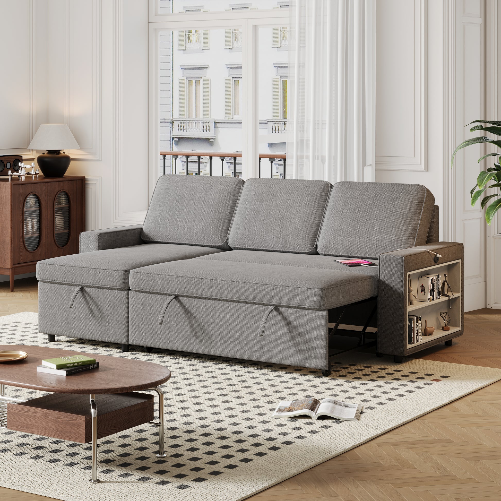 85.8" Pull Out Sleeper Sofa L Shaped Couch Convertible Sofa Bed With Storage Chaise And Storage Racks,With Usb Port And T Pyce Port Dark Grey Fabric 3 Seat