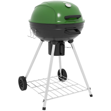 Outsunny 21" Kettle Charcoal Bbq Grill Trolley With 360 Sq.In. Cooking Area, Outdoor Barbecue With Shelf, Wheels, Ash Catcher And Built In Thermometer For Patio, Backyard Party, Green Green Steel