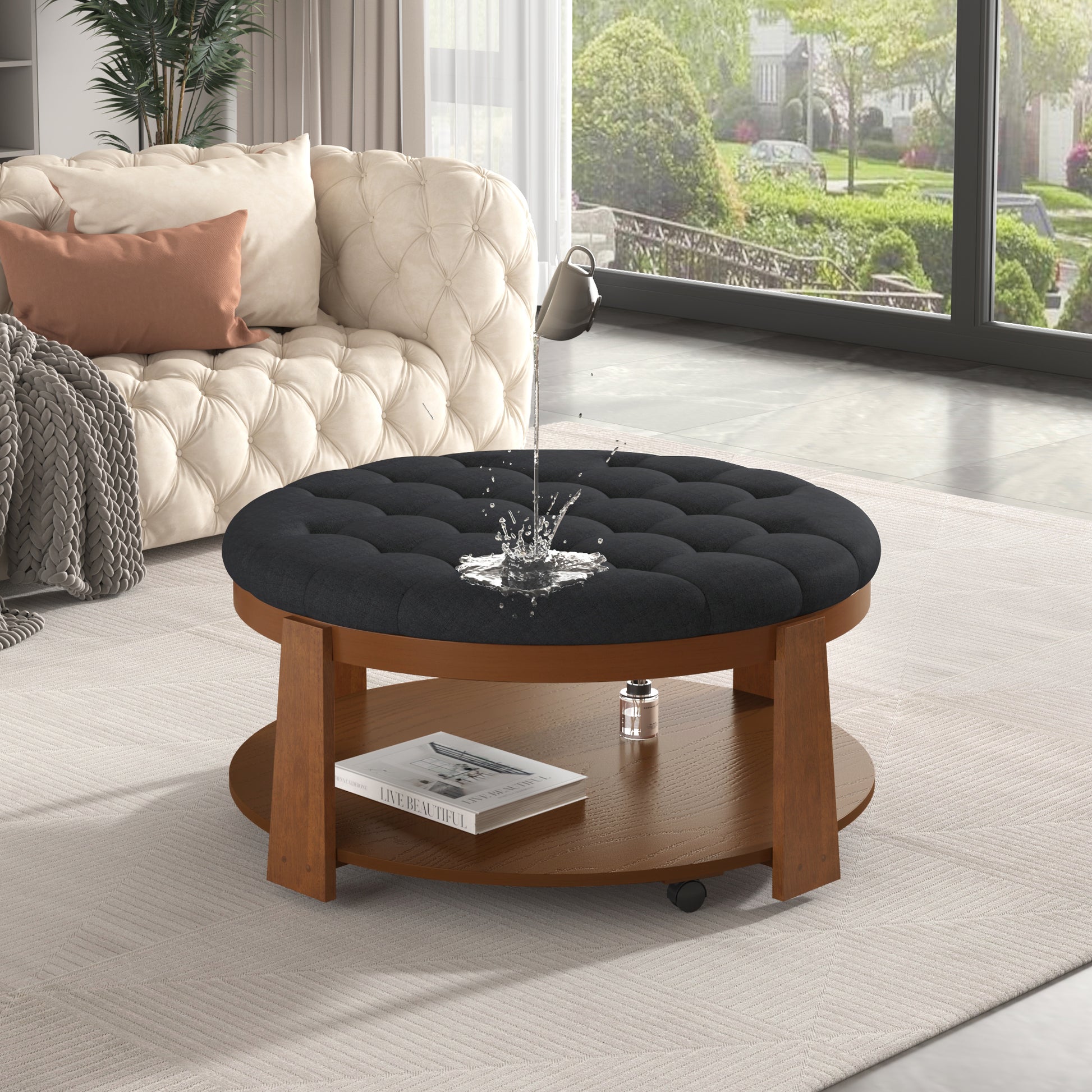 Modern Large Round Ottoman Coffee Table 2 Tier Oversized Button Tufted Ottoman With Wood Shelf Storage Upholstered Coffee Table For Living Room Footrest Ottoman With Wheel, Waterproof Linen Black Brown Rubber Wood