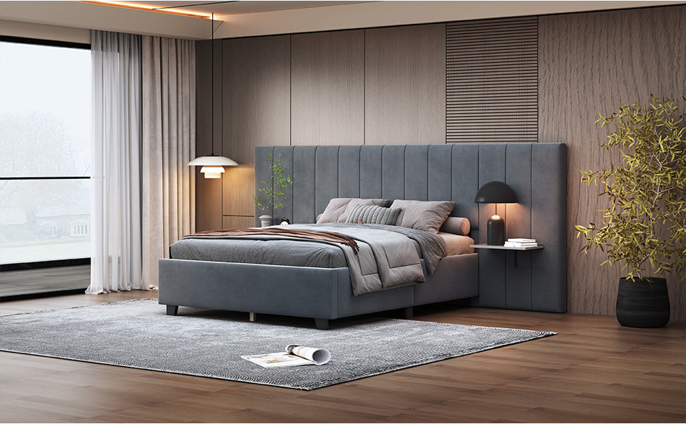 Full Size Upholstered Platform Bed With Big Headboard, Bedroom Furniture, Velvet, Gray Full Gray Plywood
