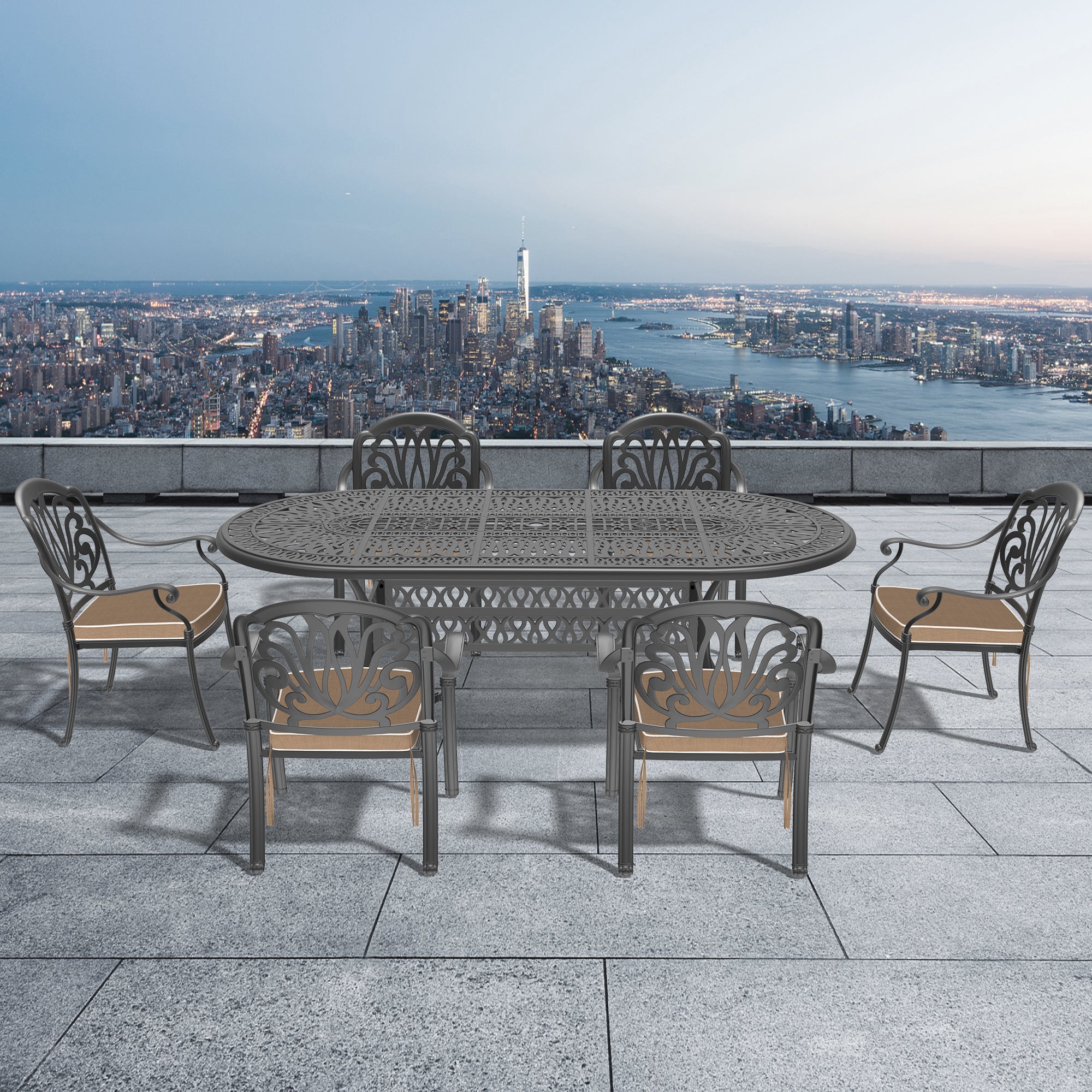 Cushions In Random Colors 7 Piece Set Of Cast Aluminum Patio Furniture With Cushions Yes Dining Set Black Seats 6 Rust Resistant Frame Water Resistant Cushion Garden & Outdoor Complete Patio Sets Aluminium