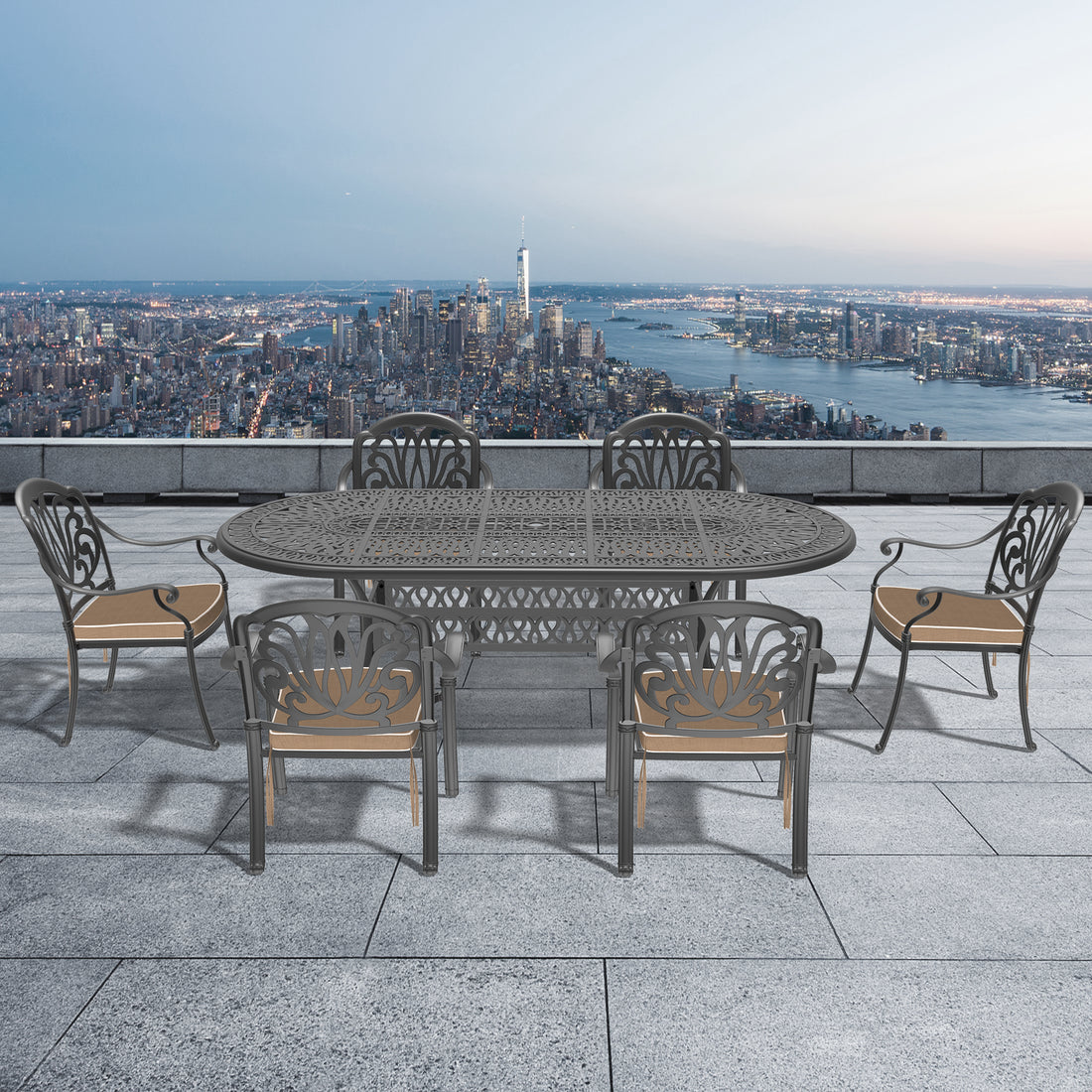 Cushions In Random Colors 7 Piece Set Of Cast Aluminum Patio Furniture With Cushions Yes Dining Set Black Seats 6 Rust Resistant Frame Water Resistant Cushion Garden & Outdoor Complete Patio Sets Aluminium