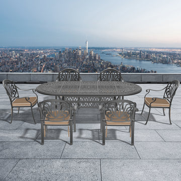 Cushions In Random Colors 7 Piece Set Of Cast Aluminum Patio Furniture With Cushions Yes Dining Set Black Seats 6 Rust Resistant Frame Water Resistant Cushion Garden & Outdoor Complete Patio Sets Aluminium