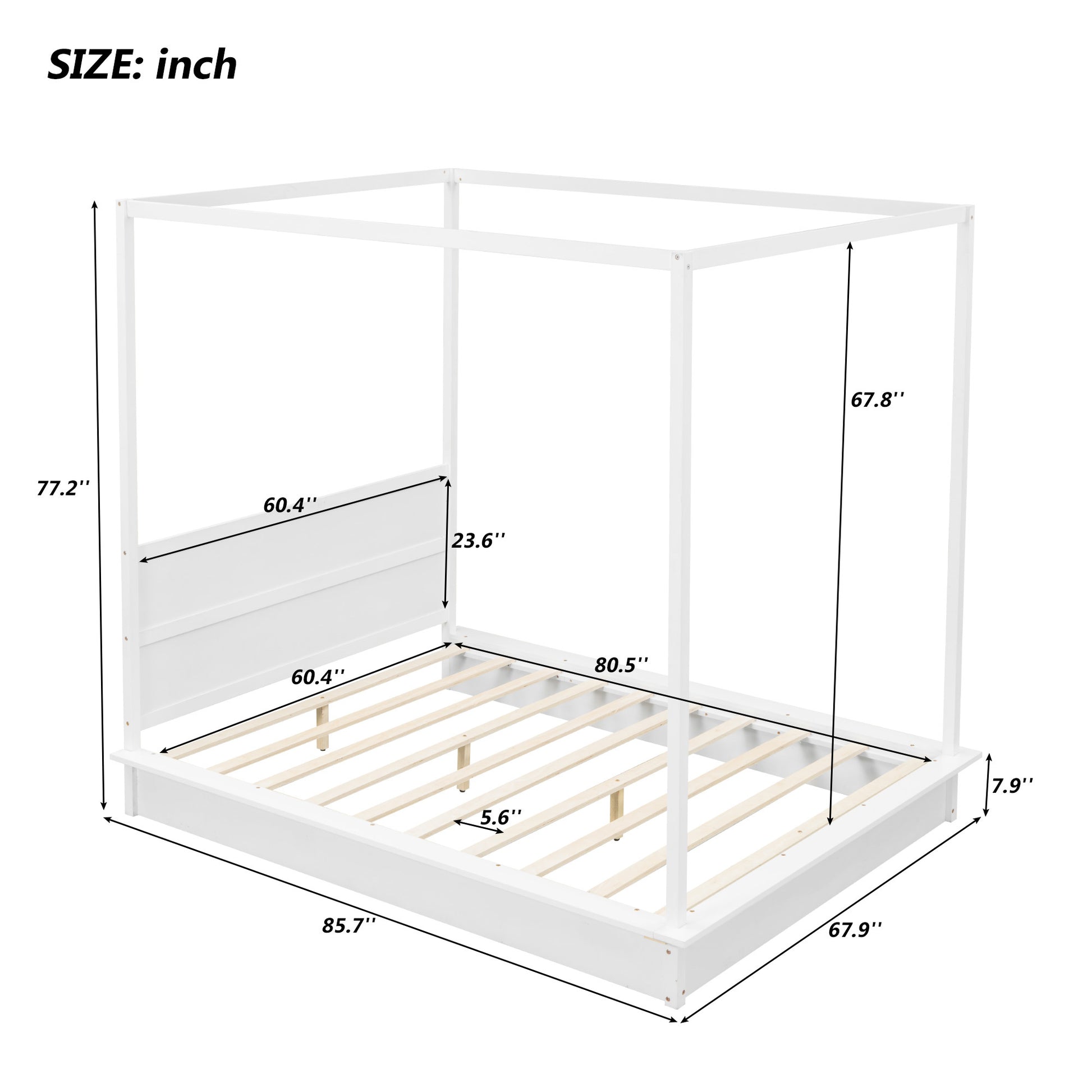 Queen Size Wood Led Canopy Bed ,Canopy Platform Bed With Support Slats, No Box Spring Needed, White Queen White Plywood