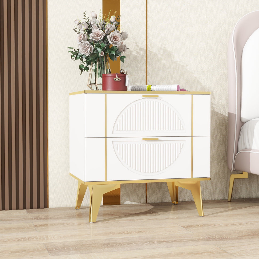 Two Pack White 2 Drawer Round Card Gold Bar Blister Nightstand White Wood