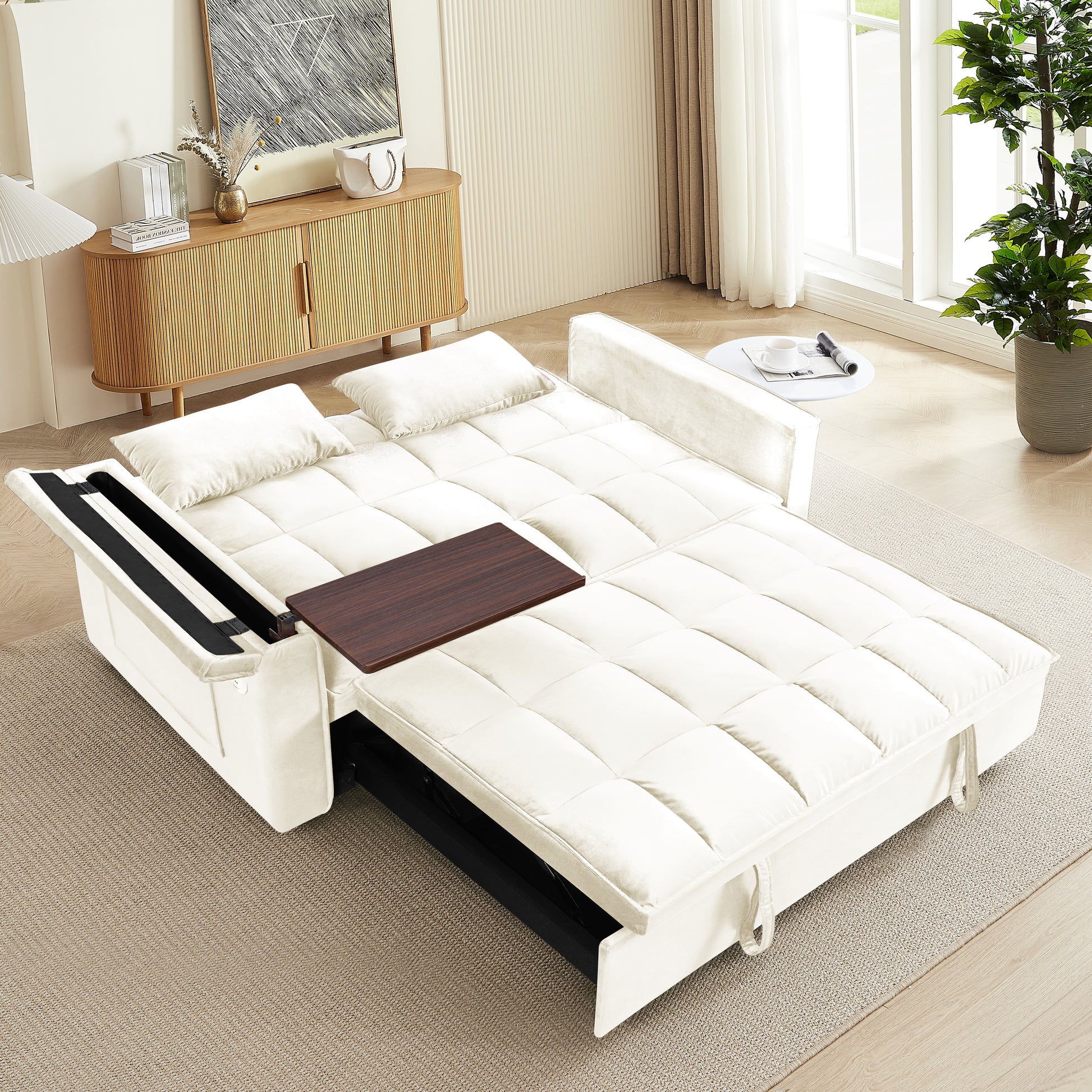 55.5 "3 In 1 Foldable Sofa Bed, Modern Velvet Double Sofa, Sofa Bed With Adjustable Back, Storage Bag And Pillow, Hidden Living Room Laptop Desk With Usb Port, Suitable For Living Room, Bedroom