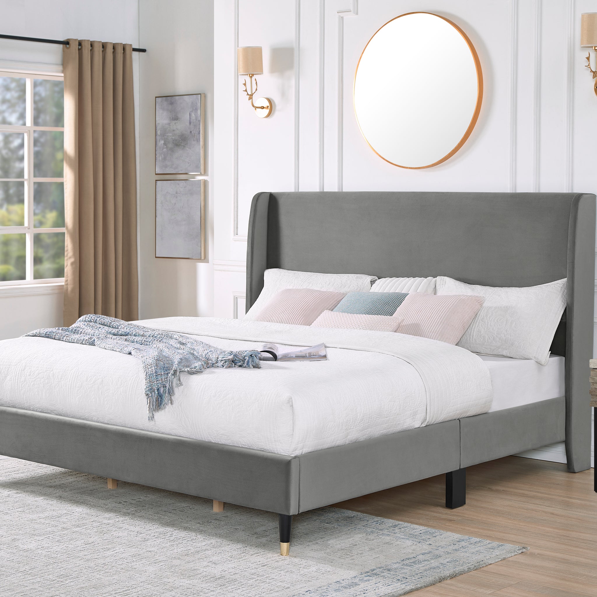 Rozitta Gray Velvet Wingback Platform Bed, King Box Spring Not Required King Gray Wood Bedroom Contemporary Wingback Mdf Velvet Particle Board Mdf