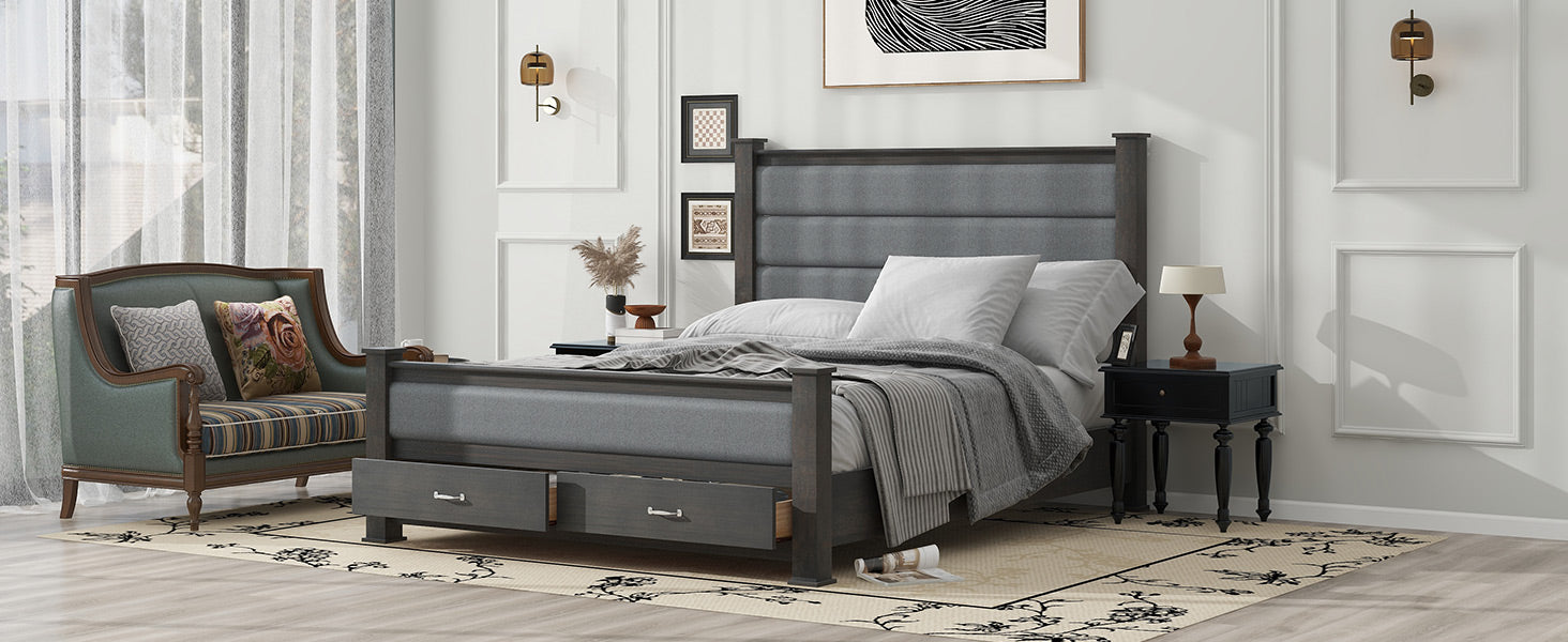 Queen Size Wood Frame Platform Bed With Upholstered Headboard, Footboard And 2 Drawers, Antique Gray Box Spring Not Required Queen Antique Gray Wood Bed Frame Solid Wood Mdf