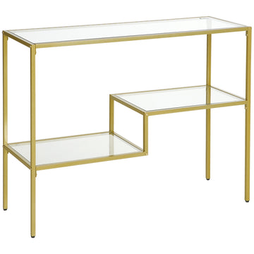 Homcom Gold Console Table, 39" Tempered Glass Behind Sofa Table, Narrow Entryway Table With Storage Shelves, Steel Frame For Living Room Furniture, Hallway Furniture, Glass Table Gold Glass Metal