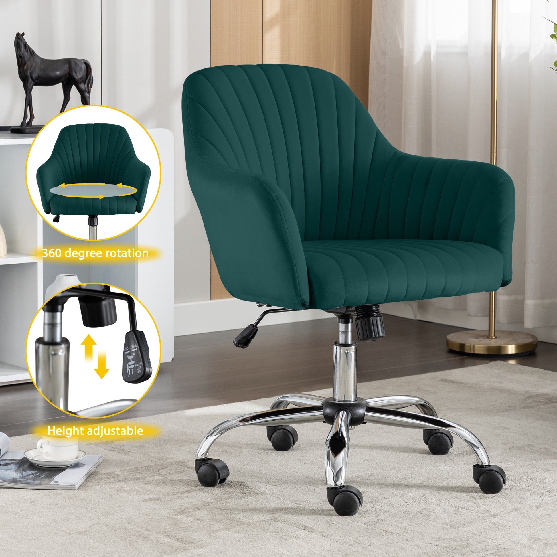 Accent Chair Modern Home Office Leisure Chair With Adjustable Velvet Height And Adjustable Casters Green Green Cotton Velvet