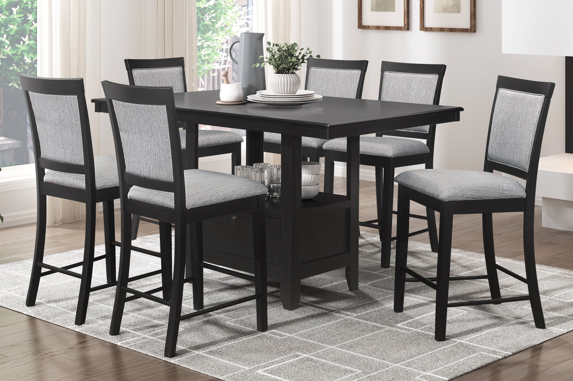 Charcoal Gray Finish 7Pc Dining Counter Height Table With Base Storage And 6 Counter Height Chairs Set Casual Style Dining Kitchen Wooden Furniture Wood Wood Charcoal Grey Seats 6 Wood Dining Room Casual Rectangular Dining Table With Chair Wood